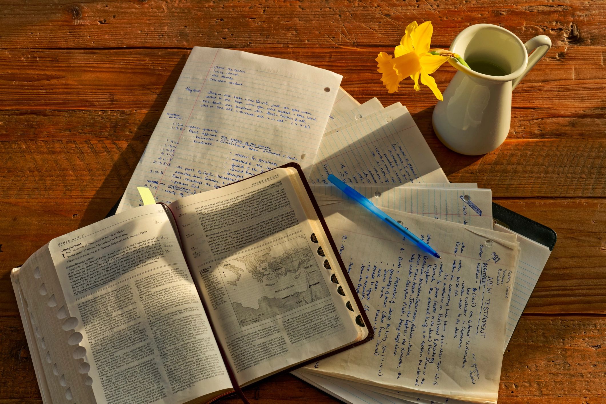 Bible study materials in a sunlit room