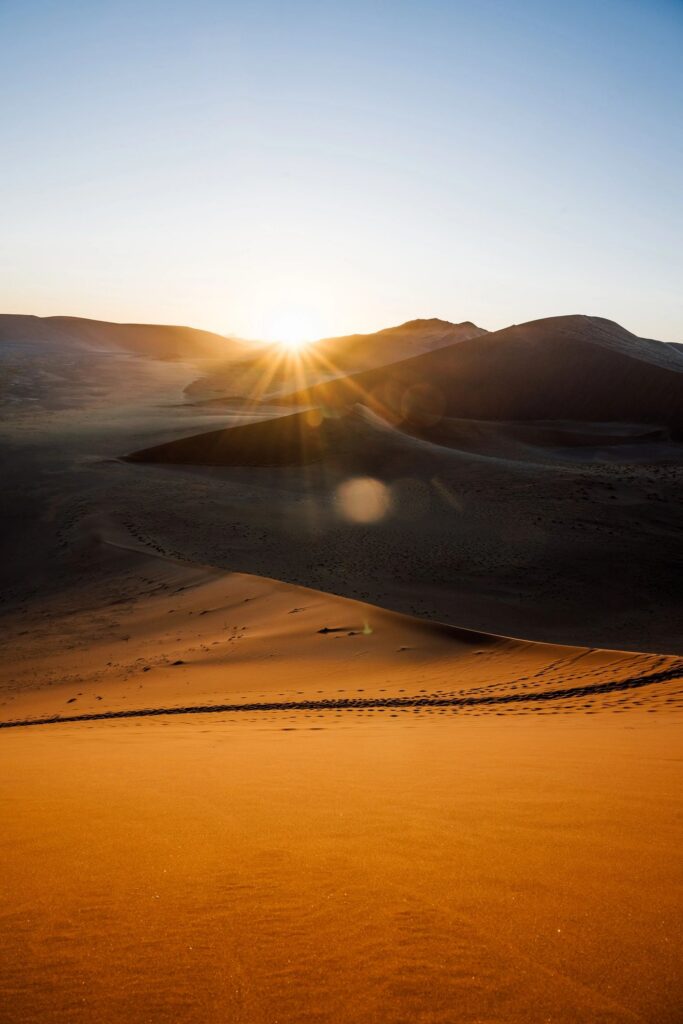 view from Dune 45 on sunrise of Sossusvlei desert area